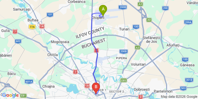 Map: Bucharest Airport (OTP), Henri Coandă to Hello Hotels, Bucharest