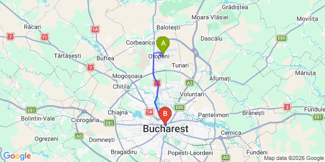 Map: Bucharest Airport (OTP), Henri Coandă to Hilton Garden Inn Bucharest Old Town, Bucharest
