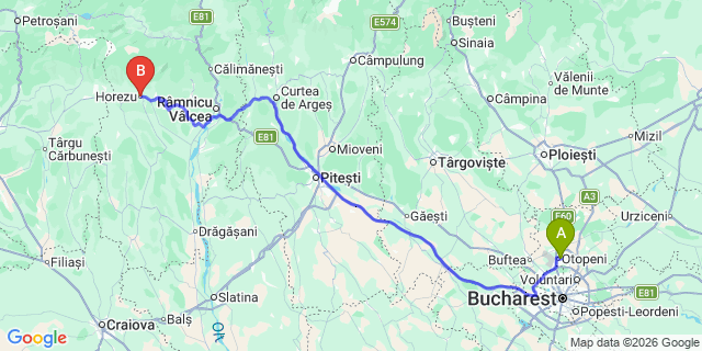 Map: Bucharest Airport (OTP), Henri Coandă to Horezu