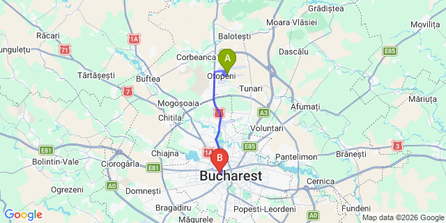 Map: Bucharest Airport (OTP), Henri Coandă to Hotel Parliament, Bucharest
