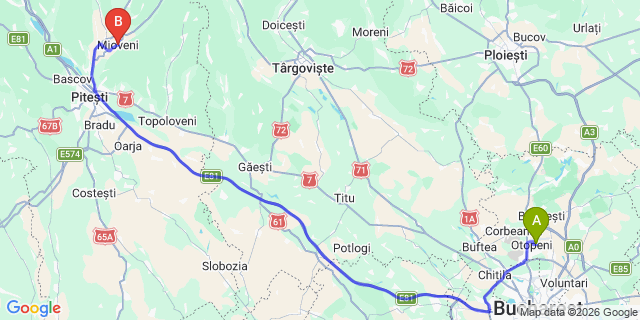 Map: Bucharest Airport (OTP), Henri Coandă to Mioveni