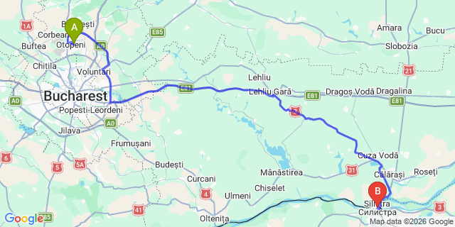 Map: Bucharest Airport (OTP), Henri Coandă to Silistra