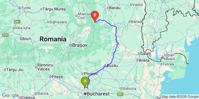 Map: Bucharest Airport (OTP), Henri Coandă to Slanic Moldova