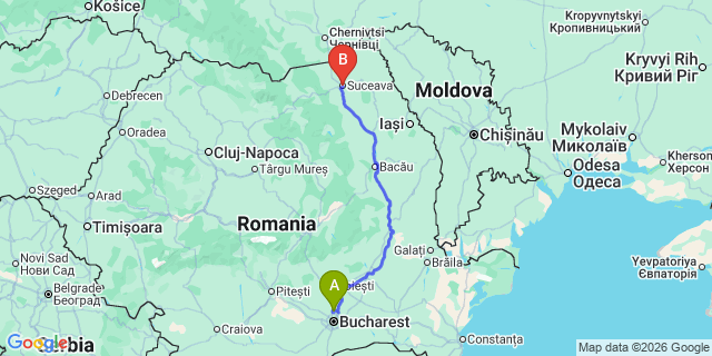 Map: Bucharest Airport (OTP), Henri Coandă to Suceava