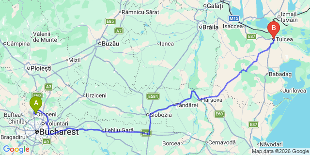 Map: Bucharest Airport (OTP), Henri Coandă to Tulcea