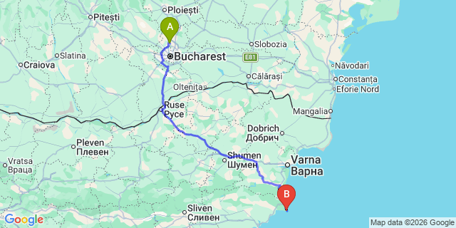 Map: Bucharest Airport (OTP), Henri Coandă to Varna