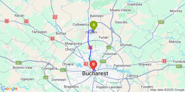 Map: Bucharest Airport (OTP), Henri Coandă to Zeus Essence Bucharest Central, Bucharest