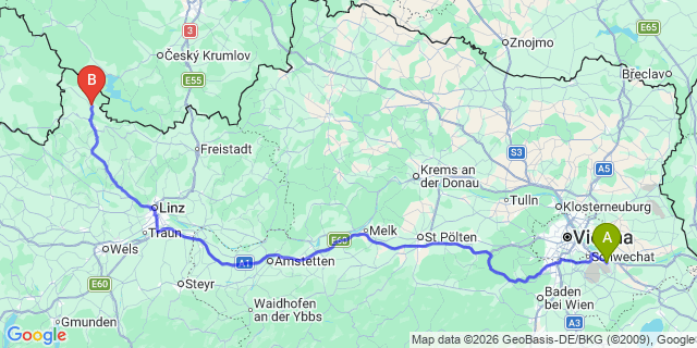 Map: Vienna Airport (VIE) to Aigen-Schlägl