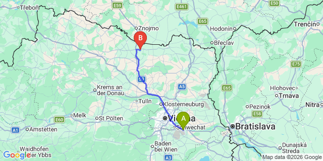 Map: Vienna Airport (VIE) to Alberndorf im Pulkautal
