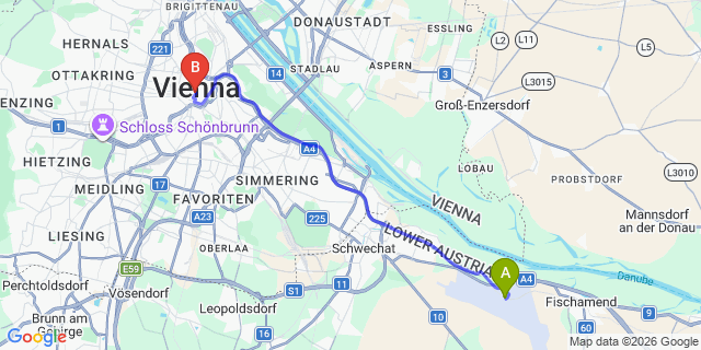 Map: Vienna Airport (VIE) to Austria Trend Hotel Europa Wien