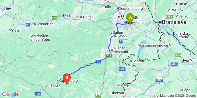 Map: Vienna Airport (VIE) to Breitenau am Hochlantsch