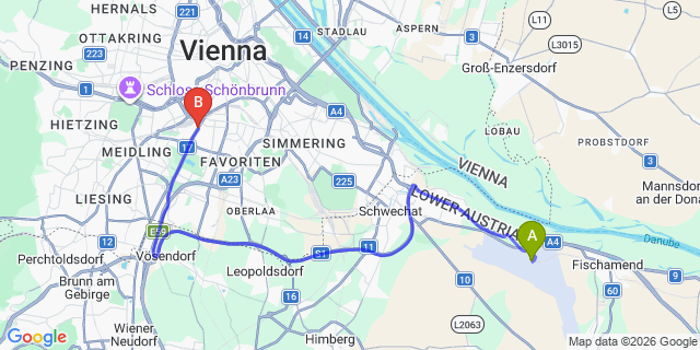 Map: Vienna Airport (VIE) to Citadines Apart’hotel South Vienna