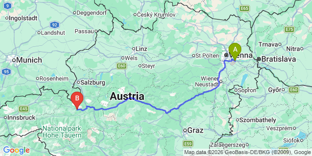 Map: Vienna Airport (VIE) to Dienten am Hochkonig