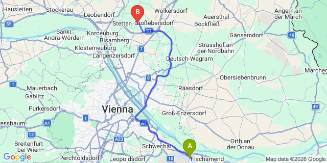 Map: Vienna Airport (VIE) to Enzersfeld im Weinviertel