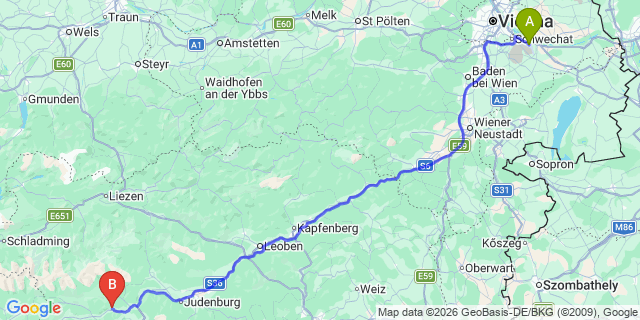 Map: Vienna Airport (VIE) to Frojach-Katsch