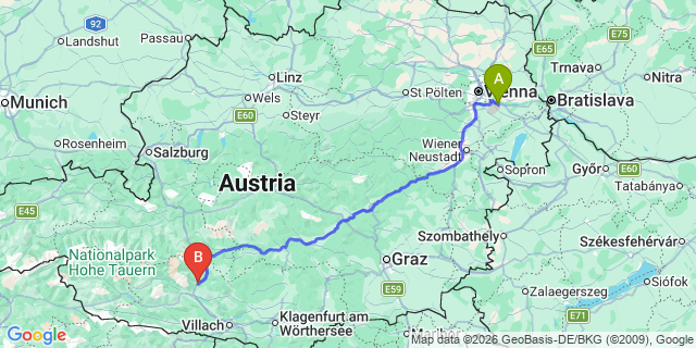 Map: Vienna Airport (VIE) to Gmünd in Kärnten