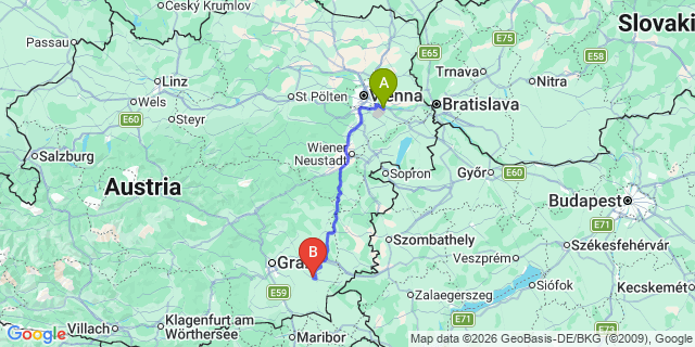 Map: Vienna Airport (VIE) to Gniebing-Weißenbach