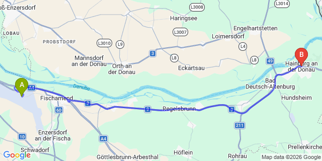 Map: Vienna Airport (VIE) to Hainburg a.d.Donau