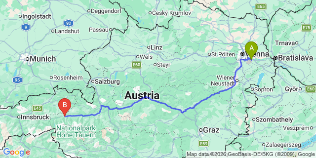 Map: Vienna Airport (VIE) to Hollersbach im Pinzgau