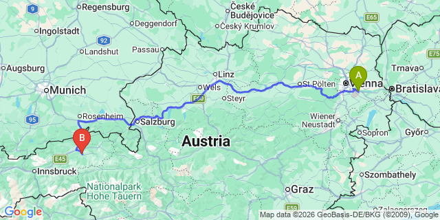 Map: Vienna Airport (VIE) to Hopfgarten im Brixental