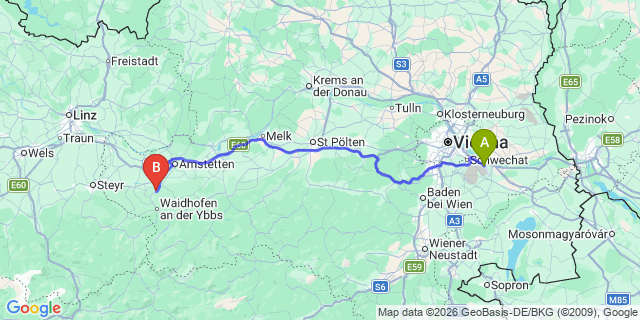 Map: Vienna Airport (VIE) to Kematen an der Ybbs