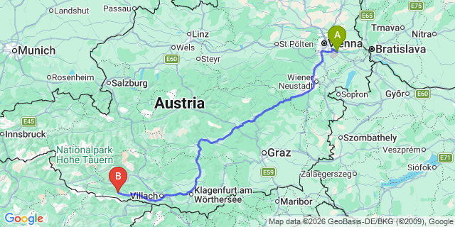 Map: Vienna Airport (VIE) to Kirchbach in Tirol