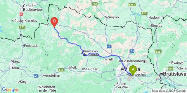 Map: Vienna Airport (VIE) to Kirchberg im Wald
