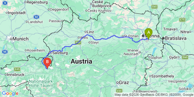Map: Vienna Airport (VIE) to Maria Alm am Steinernen Meer
