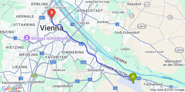 Map: Vienna Airport (VIE) to MEININGER Hotel Wien Downtown Franz