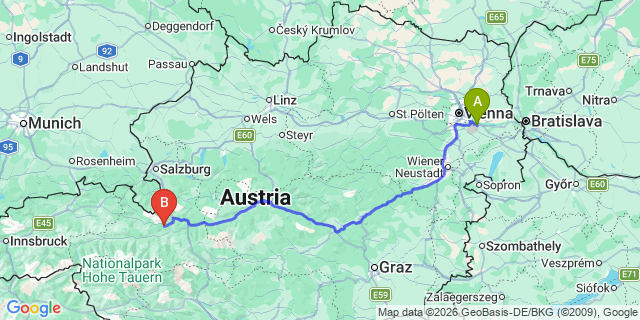 Map: Vienna Airport (VIE) to Muhlbach am Hochkonig