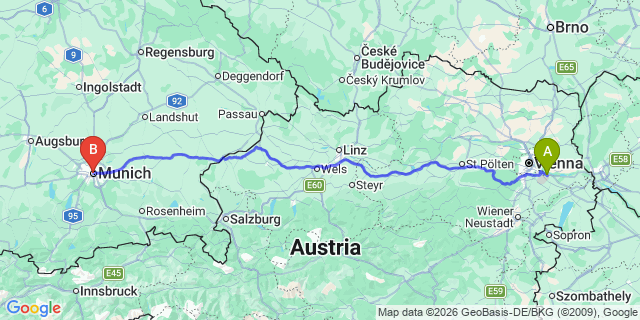 Map: Vienna Airport (VIE) to Munich (all areas)