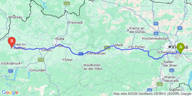 Map: Vienna Airport (VIE) to Neuhofen im Innkreis