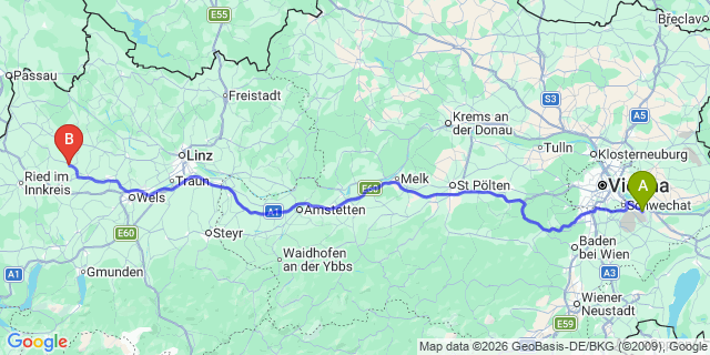 Map: Vienna Airport (VIE) to Neumarkt am Hausruckwald