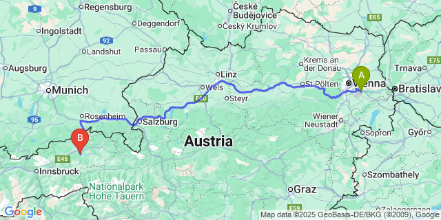 Map: Vienna Airport (VIE), Schwechat, Wien to Niederau