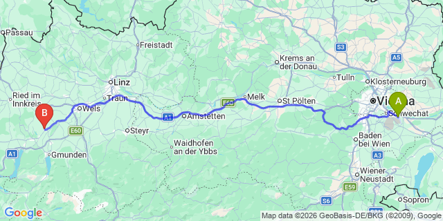 Map: Vienna Airport (VIE) to Oberndorf bei Schwanenstadt