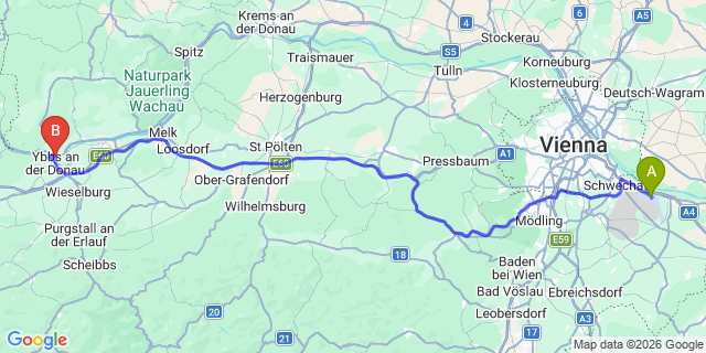 Map: Vienna Airport (VIE) to Persenbeug