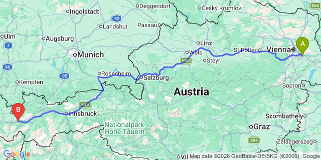 Map: Vienna Airport (VIE) to Pettneu am Arlberg