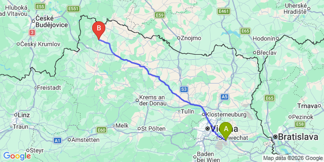 Map: Vienna Airport (VIE) to Pfaffenschlag bei Waidhofen an der Thaya