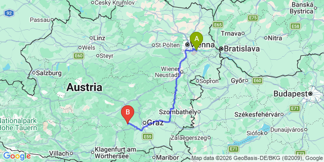 Map: Vienna Airport (VIE) to Pichling bei Köflach