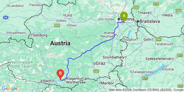 Map: Vienna Airport (VIE) to Pörtschach am Wörther See