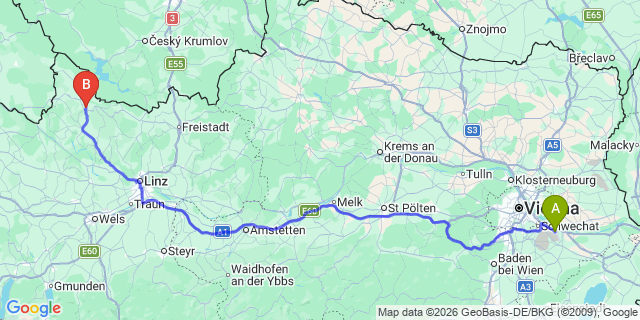 Map: Vienna Airport (VIE) to Rohrbach in Oberösterreich