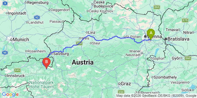 Map: Vienna Airport (VIE) to Saalfelden am Steinernen Meer
