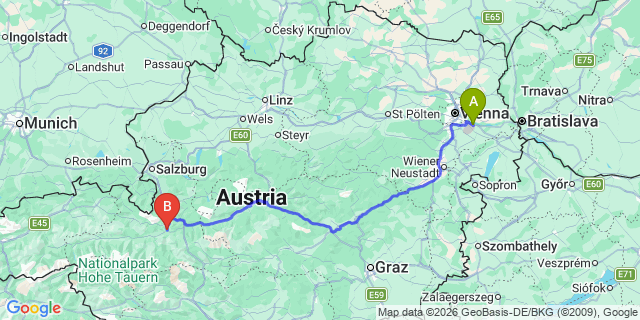 Map: Vienna Airport (VIE) to Sankt Johann im Pongau