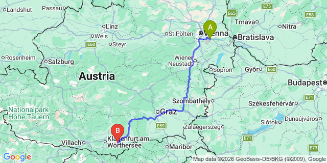 Map: Vienna Airport (VIE) to Sankt Kanzian am Klopeiner See