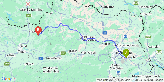 Map: Vienna Airport (VIE) to Sankt Leonhard bei Freistadt