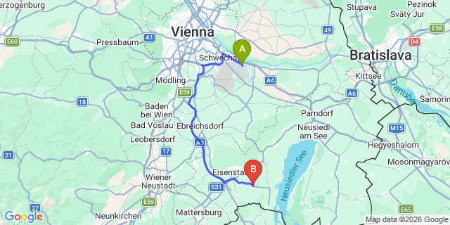Map: Vienna Airport (VIE) to Sankt Margareten im Burgenland