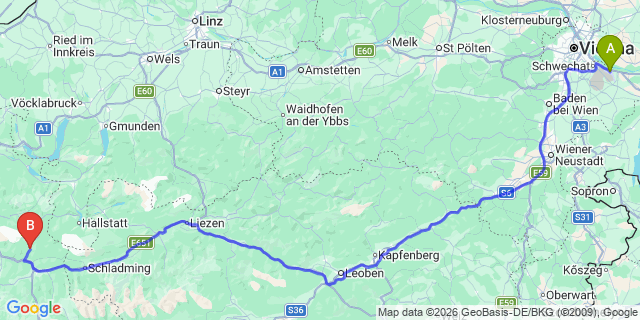 Map: Vienna Airport (VIE) to Sankt Martin am Tennengebirge