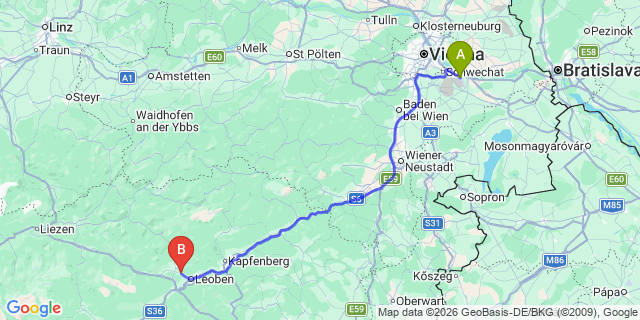 Map: Vienna Airport (VIE) to Sankt Peter-Freienstein