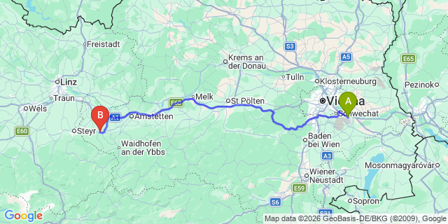 Map: Vienna Airport (VIE) to Sankt Peter in der Au Markt