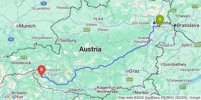 Map: Vienna Airport (VIE) to Sankt Veit in Defereggen